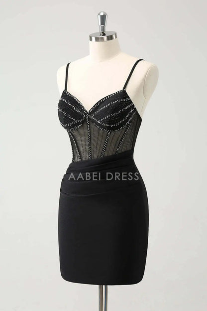 AABEI DRESS New Homecoming Dress Sparkle Bodycon V Neck Spaghetti Straps Corset Beading Fashion Short Graduation Dress