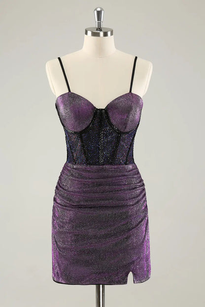 AABEI DRESS New Homecoming Dress Fashion Sheath Sweetheart Spaghetti Straps Corset Pleated Glitter Short Graduation Dress