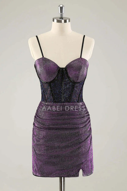 AABEI DRESS New Homecoming Dress Fashion Sheath Sweetheart Spaghetti Straps Corset Pleated Glitter Short Graduation Dress