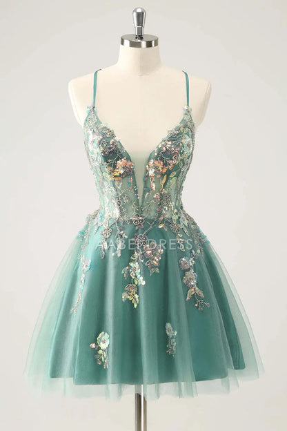 AABEI DRESS New Homecoming Dress Glitter A Line Spaghetti Straps Sequins Applique Backless Charming Short Graduation Dress