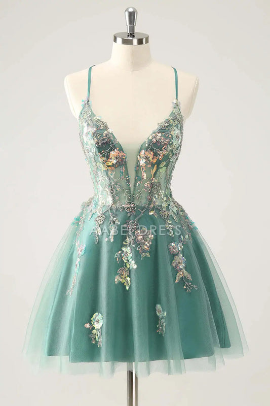 AABEI DRESS New Homecoming Dress Glitter A Line Spaghetti Straps Sequins Applique Backless Charming Short Graduation Dress