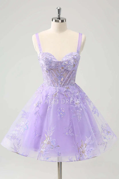 AABEI DRESS New Homecoming Dress A-Line Wide Shoulder Strap Sleeveless Sweetheart Corset Embroidered Backless Sequins Short Graduation Dress