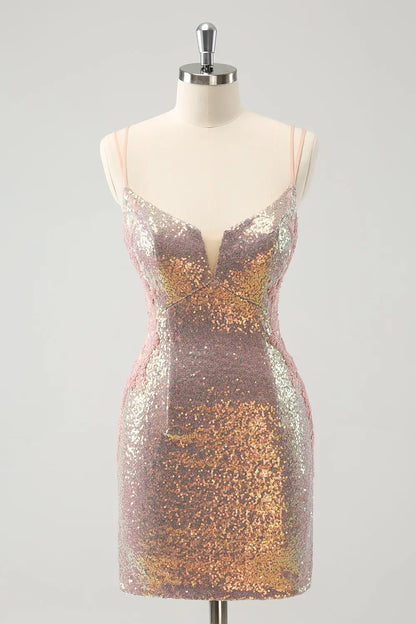 AABEI DRESS New Homecoming Dress Exquisite Sheath Spaghetti Straps Backless Lace-Up Sparkly Short Graduation Dress