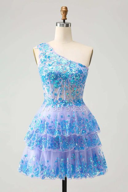 AABEI DRESS New Homecoming Dress Sparkly A-Line One Shoulder Tiered Ruched Sequined Gorgeous Short Graduation Dress