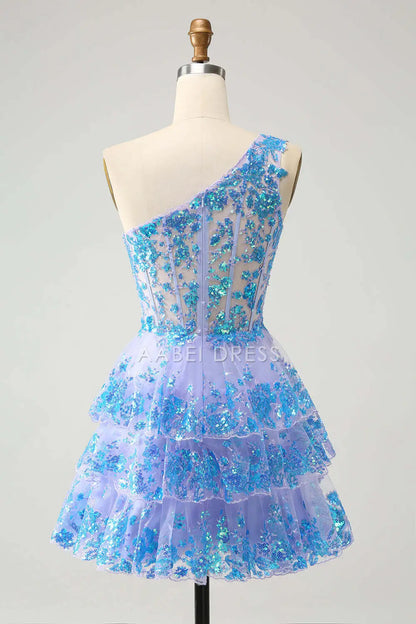 AABEI DRESS New Homecoming Dress Sparkly A-Line One Shoulder Tiered Ruched Sequined Gorgeous Short Graduation Dress