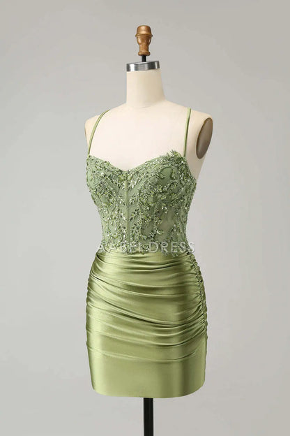 AABEI DRESS New Homecoming Dress Sparkly Tight Halter Spaghetti Straps Pleated Backless Lace up Appliques Short Graduation Dress