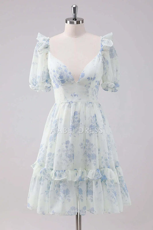 AABEI DRESS New Homecoming Dress Cute A Line V Neck Floral Short Sleeves Ruched Short Graduation Dress