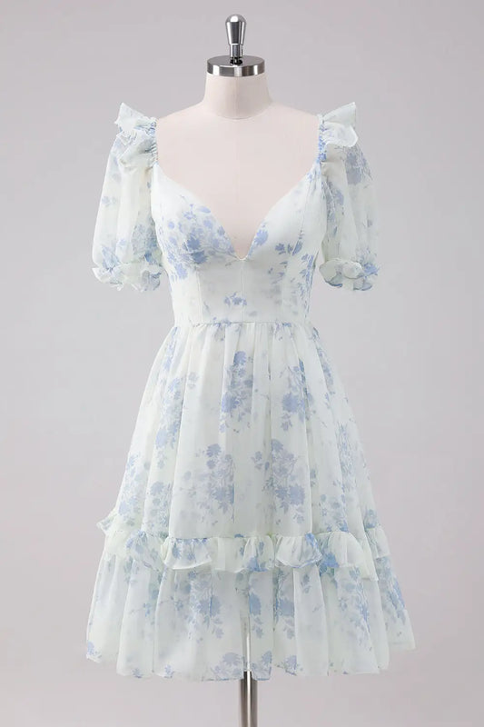 AABEI DRESS New Homecoming Dress Cute A Line V Neck Floral Short Sleeves Ruched Short Graduation Dress