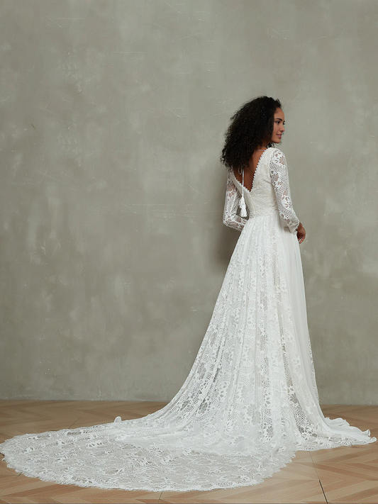 Wedding Dresses Chiffon And Lace Bohemian Style With Long Sleeves Beach Wedding Unique Dresses