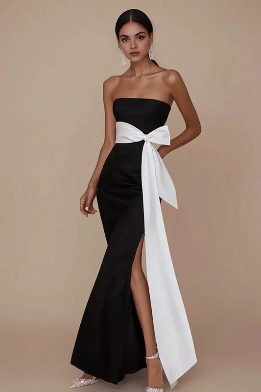 Elegant Black White Satin Sheath Strapless Bow with Slit Long Formal Dress Hot Sale Evening Dresses