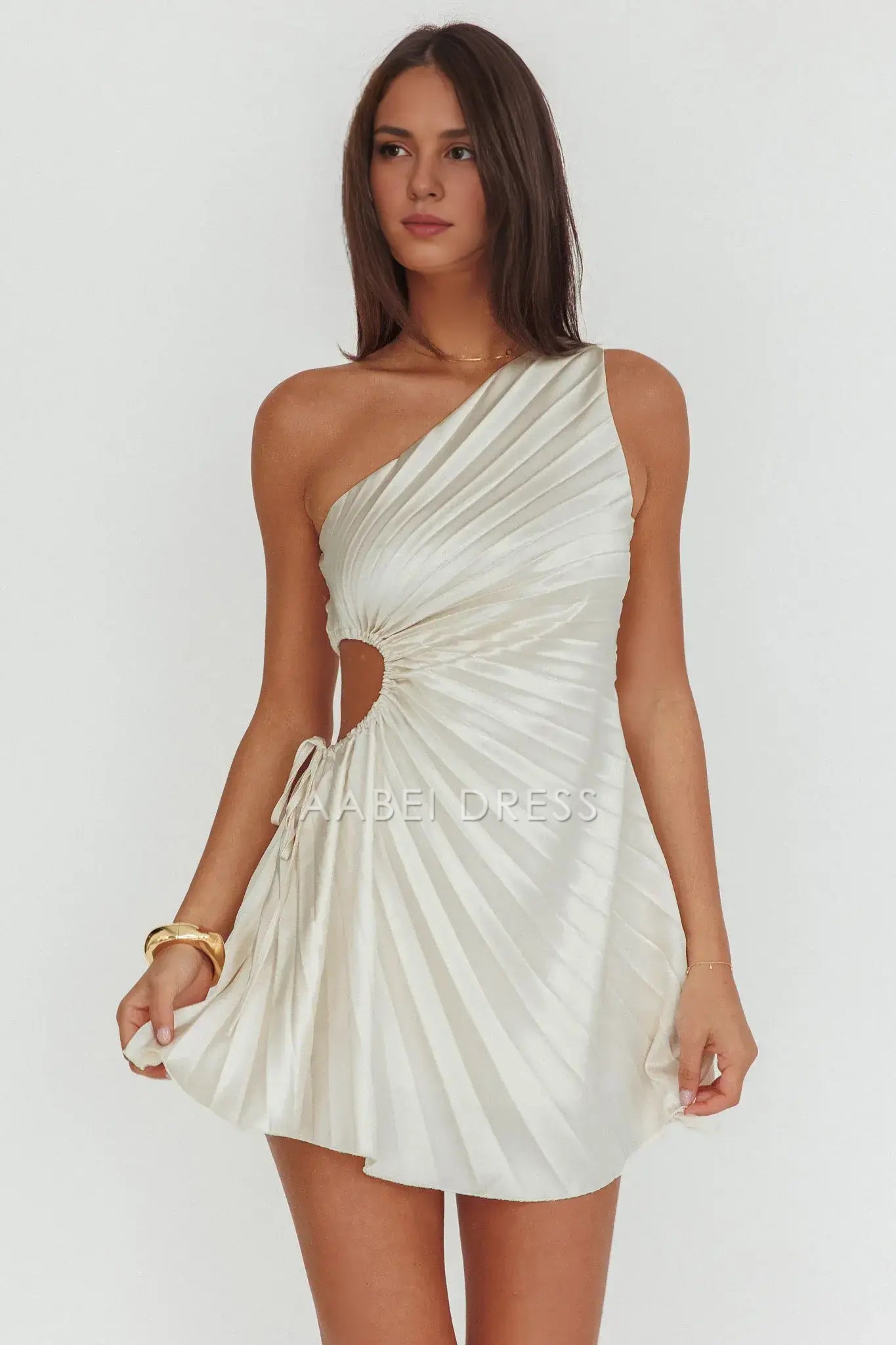 A Line One-Shoulder Pleat Dress Texture Hollow Drawstring Design Sense Mini Dress Hot Sale Homecoming Dress