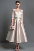 Wedding Guest Dress Champagne A Line Boat Collar 1/2 Sleeve Lace Applique Ruched Hem Exquisite Retro Hot Sale Mother of the Bride Dress