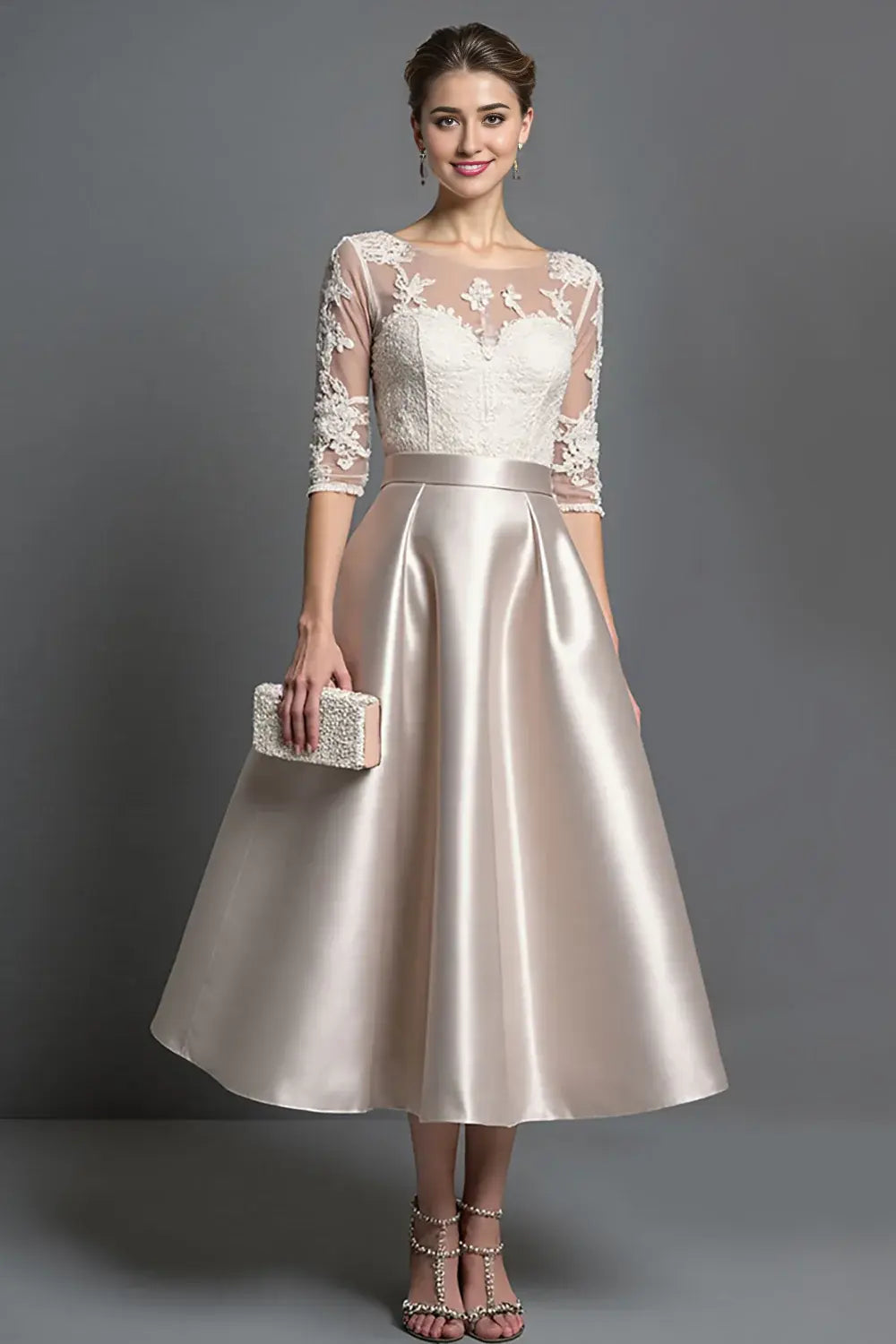Wedding Guest Dress Champagne A Line Boat Collar 1/2 Sleeve Lace Applique Ruched Hem Exquisite Retro Hot Sale Mother of the Bride Dress