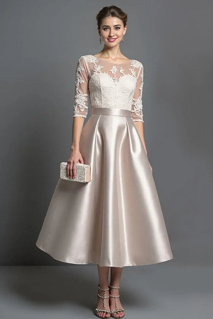 Wedding Guest Dress Champagne A Line Boat Collar 1/2 Sleeve Lace Applique Ruched Hem Exquisite Retro Hot Sale Mother of the Bride Dress