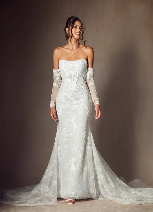 Romantic White Mermaid Strapless With Sleeves French Vintage Lace Backless Hot Sale Wedding Dress