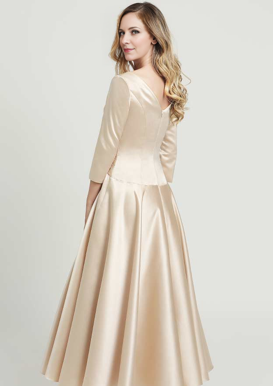 Champagne Satin A-Line V-Neck Back Zip Tea-Length Dress