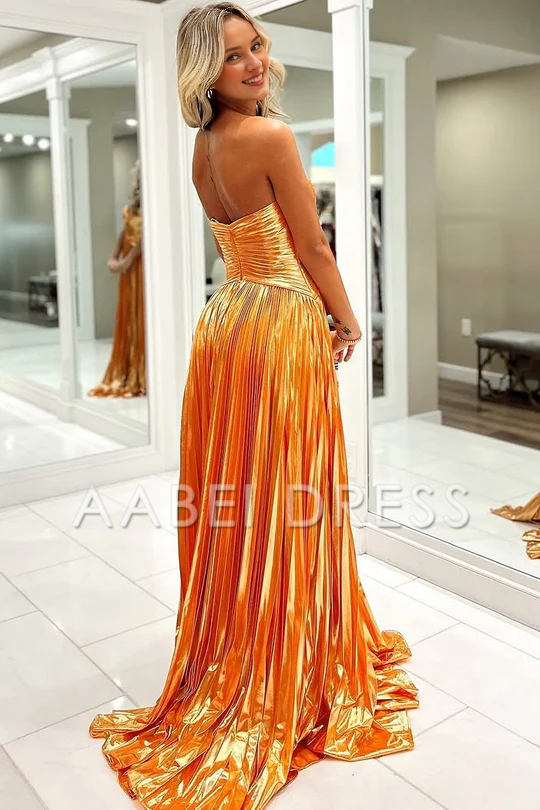 AABEI DRESS Prom Dress Cute A Line Sweetheart Strapless Pleat Satin Long with Slit Exquisite Formal Dress