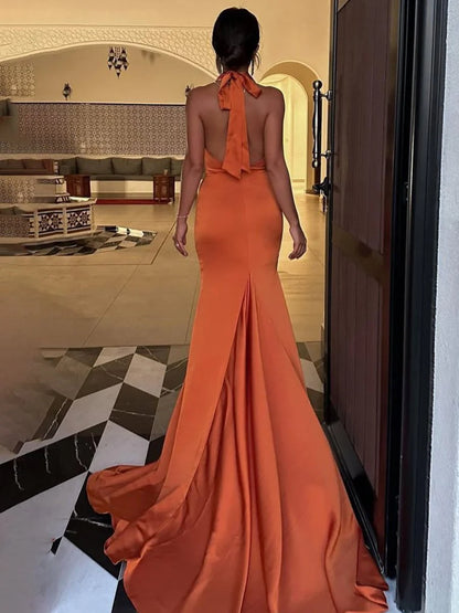 Orange Satin Charming Mermaid Halter Sleeveless Backless Pleated Elegant Wedding Guest Dress Long Hot Sale Prom Dresses