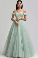 Light Green Party Dress Tulle A Line Off the Shoulder Sweetheart Neckline Pleated Backless Elegant Long Hot Sale Prom Dresses