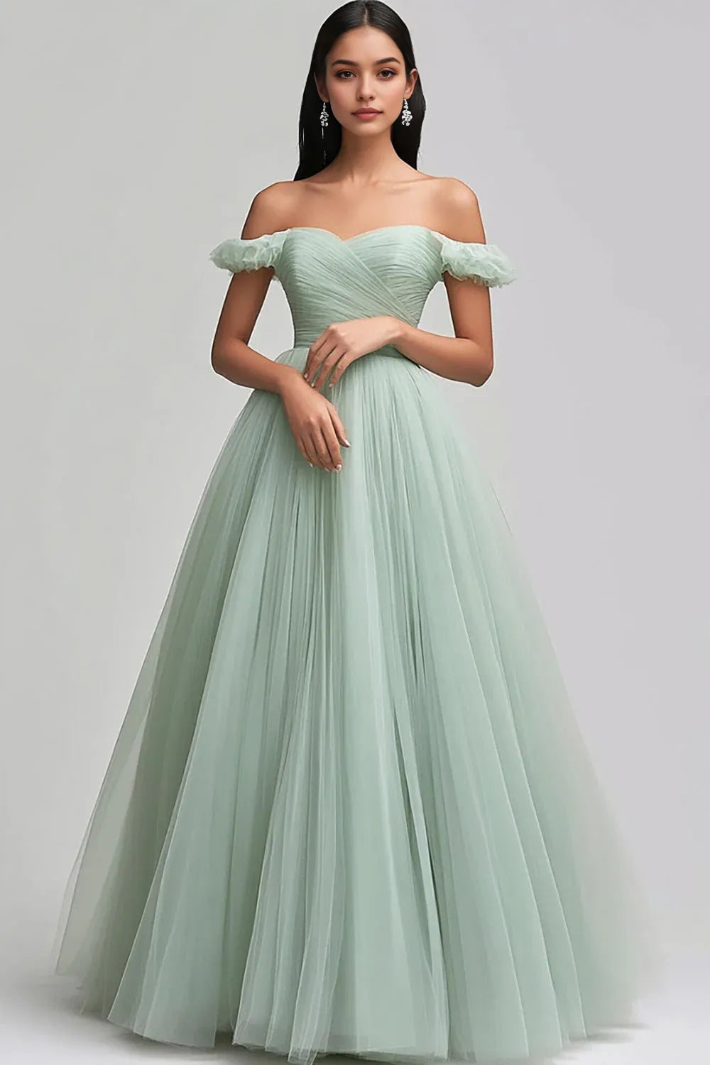 Light Green Party Dress Tulle A Line Off the Shoulder Sweetheart Neckline Pleated Backless Elegant Long Hot Sale Prom Dresses