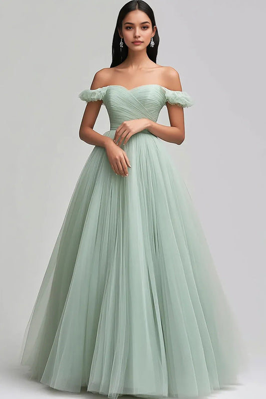 Light Green Party Dress Tulle A Line Off the Shoulder Sweetheart Neckline Pleated Backless Elegant Long Hot Sale Prom Dresses
