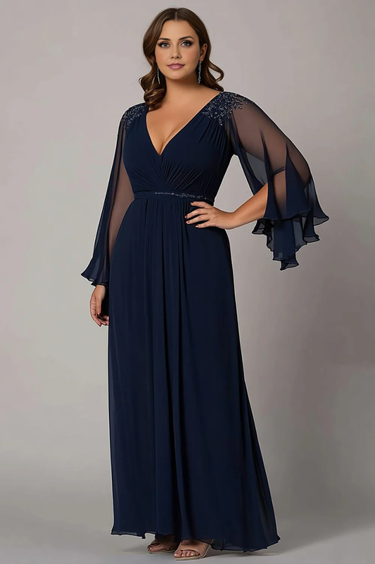 AABEI DRESS Mother Of The Bride Dress Chiffon V-Neck Long Sleeves Plus Size Fashion Long Formal Wear Dresse