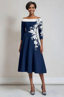 Elegant Navy Embroidery Floral A Line Off Shoulder with 3/4 Long Sleeve Ruched Hem Retro Midi Wedding Guest Dress For Women Hot Sale Mother of the Bride Dress