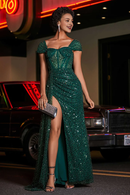 Evening Dress Mermaid Sweetheart High Slit Cap Sleeves Sequins Dress Backless Side Fork Sweep Train Sparkle Formal Women's Dresses Wedding Guest Dresses
