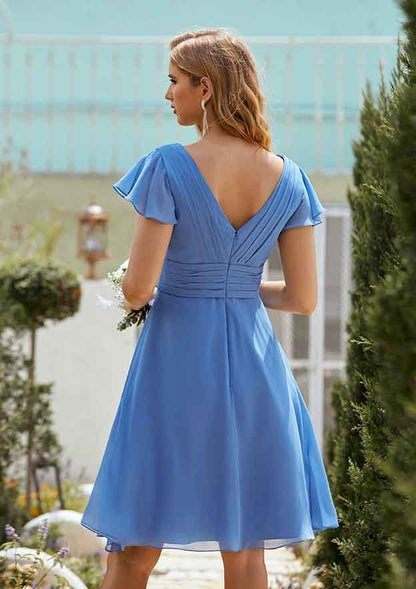 Classic Blue Chiffon A-line V Neck Flutter Short Sleeve With Pleated Affordable Short Bridesmaid Dress