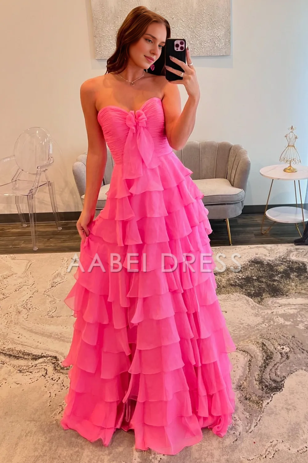 AABEI DRESS Prom Dress Cute A-Line Sweetheart Strapless Tiered Chiffon Side Fork Elegant Formal Dress