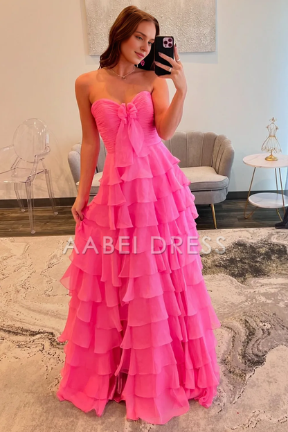 AABEI DRESS Prom Dress Cute A-Line Sweetheart Strapless Tiered Chiffon Side Fork Elegant Formal Dress