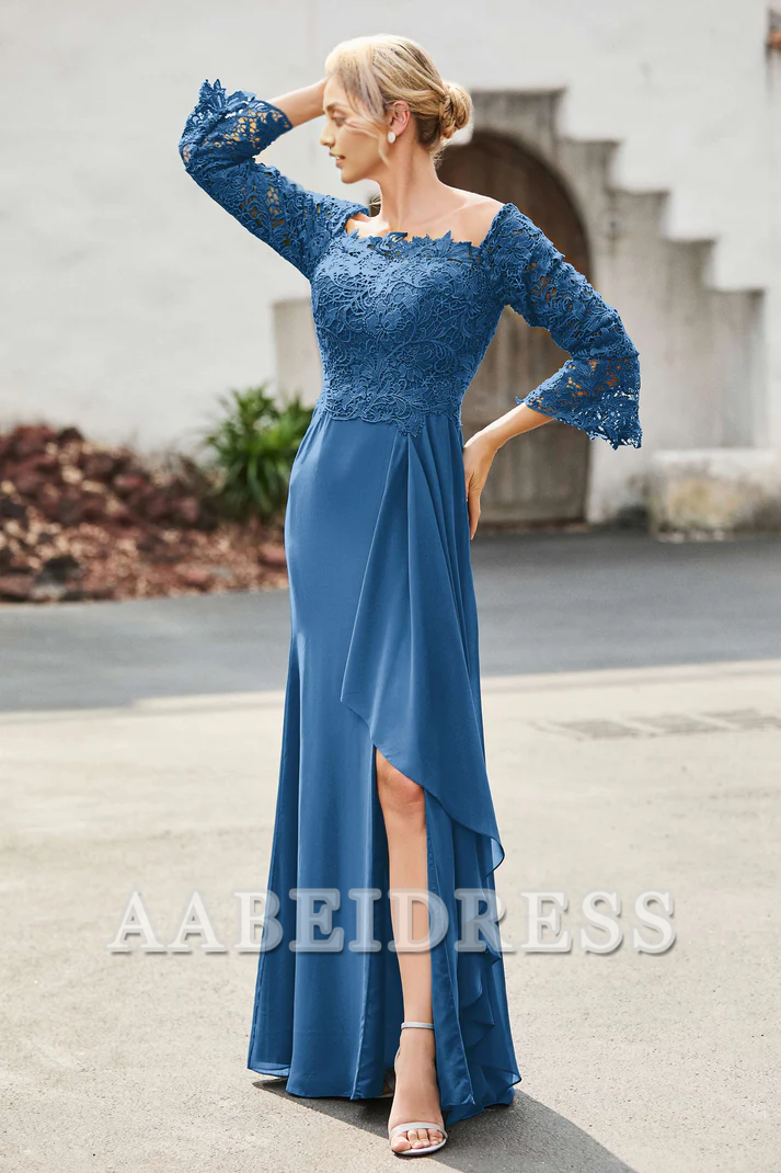 AABEI DRESS Mother of the Bride Dresses Ruffles Long Sleeves Sheath Dress With Slit Elegant Formal Dress Wedding Guests Dresses