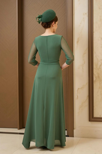 Wedding Guest Dress Olive Green Chiffon A Line Round Neck 3/4 Long Sleeve Ruched Elegant Hot Sale Long Mother of the Bride Dress