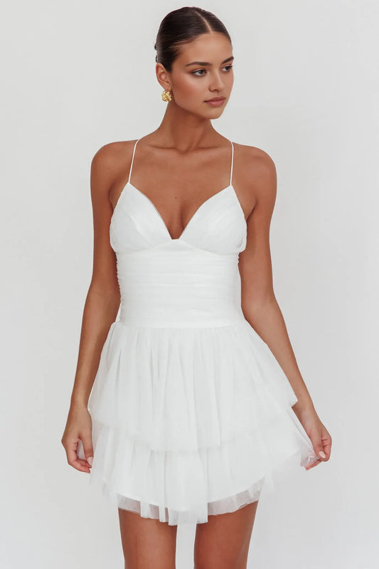 Charming A Line V Neck Spaghetti Strap Layered Ruched Mesh Backless White Mini Dress Hot Sale Homecoming Dress