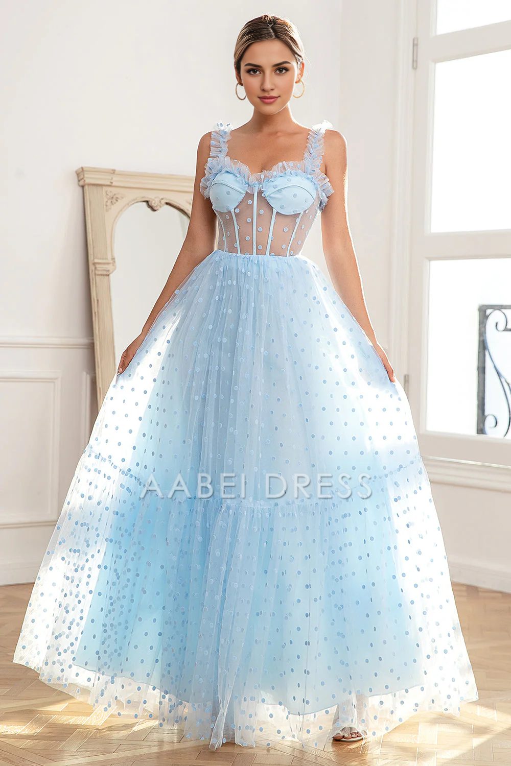 AABEI DRESS Hot Sale Prom Dress Fashion A Line Sleeveless Sweetheart Ruched Polka Dots Tulle Fantastic Long Party Dress