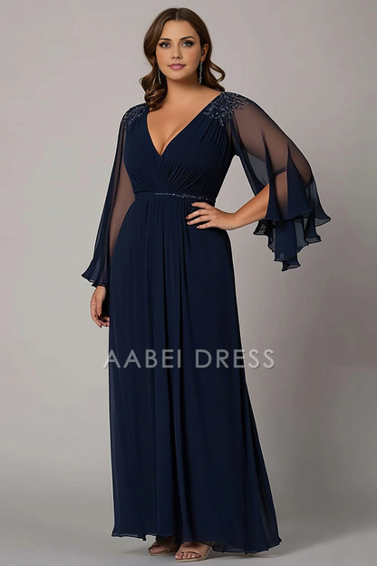 AABEI DRESS Mother Of The Bride Dress Chiffon V-Neck Long Sleeves Plus Size Fashion Long Formal Wear Dresse