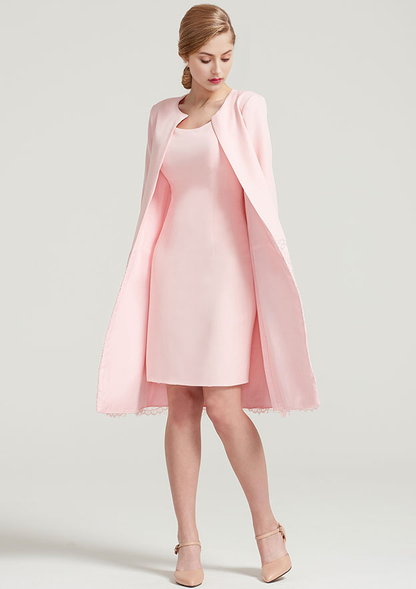 Elegant Wedding Guest Dresses Pink Satin Sheath/Column Scoop Neck Sleeveless With Lace 3/4 Long Sleeve Jacket Two-Piece Knee-Length Bargain Mother of the Bride Dress