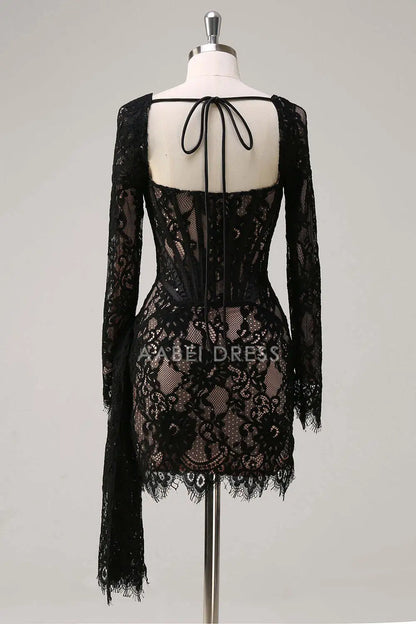 AABEI DRESS New Homecoming Dress Fashion Sheath Square Neck Long Sleeves Corset Pleated Backless Short Cocktail Dress Graduation Dress