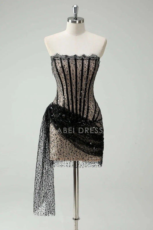 AABEI DRESS New Homecoming Dress Sparkly Strapless Sequin Sexy Short Prom Dress Streamer Graduation Dress