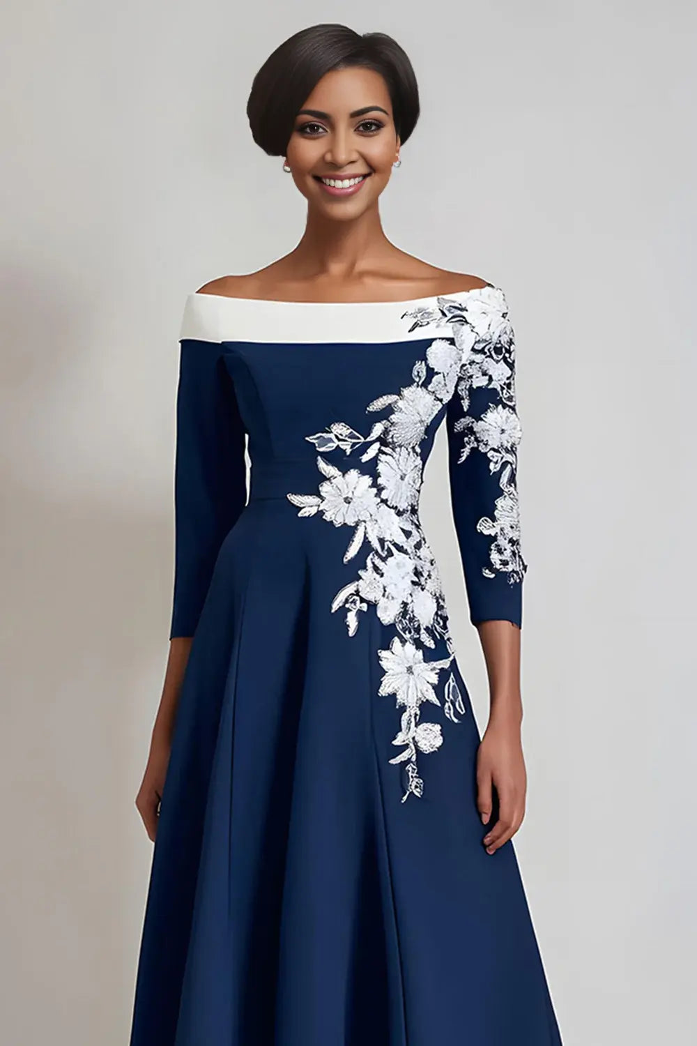 Elegant Navy Embroidery Floral A Line Off Shoulder with 3/4 Long Sleeve Ruched Hem Retro Midi Wedding Guest Dress For Women Hot Sale Mother of the Bride Dress