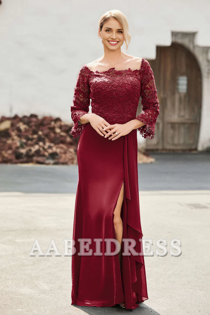 AABEI DRESS Mother of the Bride Dresses Ruffles Long Sleeves Sheath Dress With Slit Elegant Formal Dress Wedding Guests Dresses