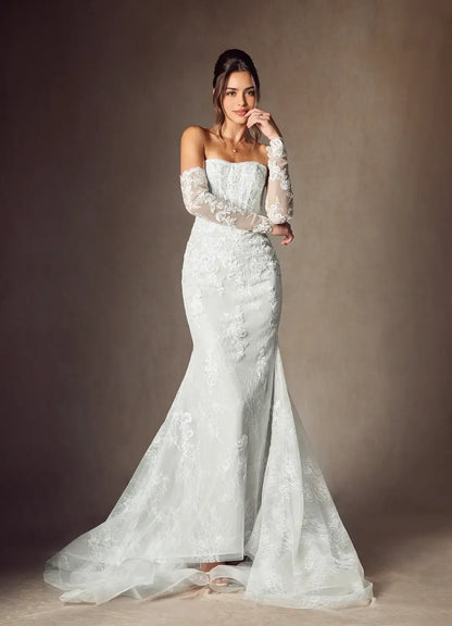 Romantic White Mermaid Strapless With Sleeves French Vintage Lace Backless Hot Sale Wedding Dress