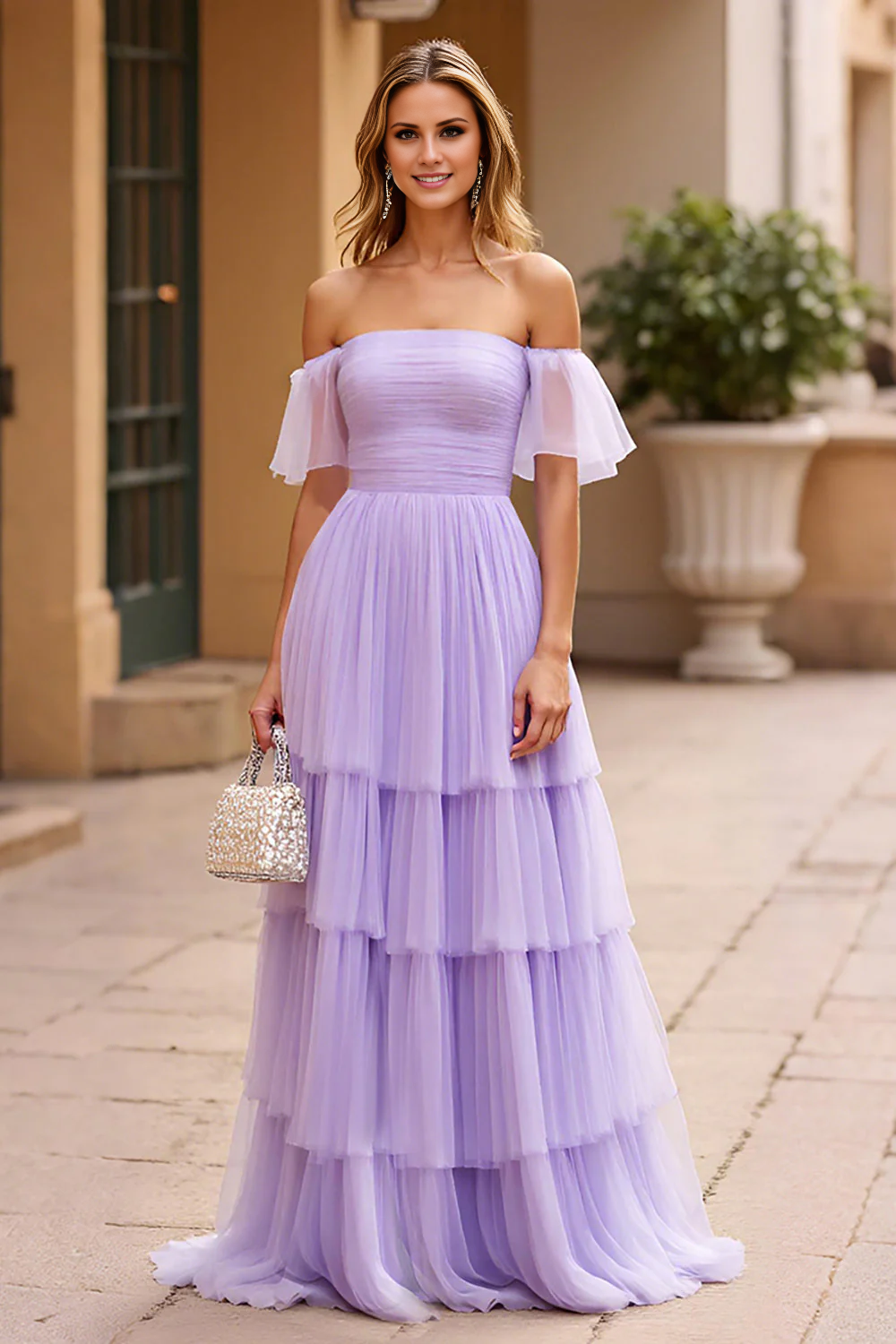 AABEI DRESS Hot Sale Prom Dress A Line Chiffon Pleated Tiered Square Neck Romantic Long Formal Dress