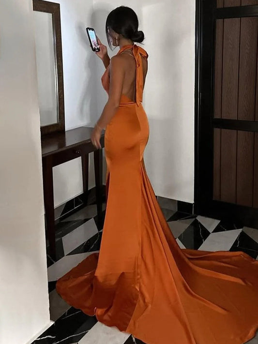 Orange Satin Charming Mermaid Halter Sleeveless Backless Pleated Elegant Wedding Guest Dress Long Hot Sale Prom Dresses
