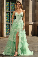Gorgeous Prom Dress Green A Line Strapless V Neck with Bow Sleeveless Layered Ruffled High Slit Backless Bargain Long Wedding Guest Dress