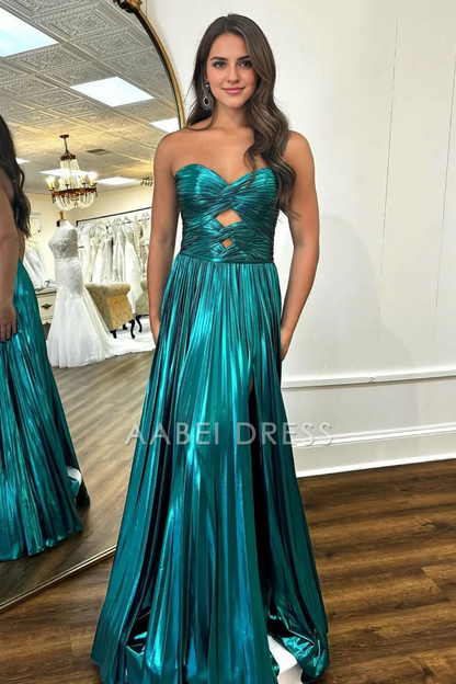 AABEI DRESS Hot Sale Prom Dress  A-Line Sweetheart Long Pleated Metallic With Slit Fashion Formal Dress