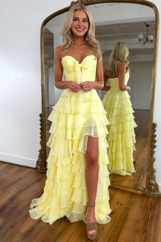AABEI DRESS Prom Dress Cute A-Line Sweetheart Strapless Tiered Chiffon Side Fork Elegant Formal Dress