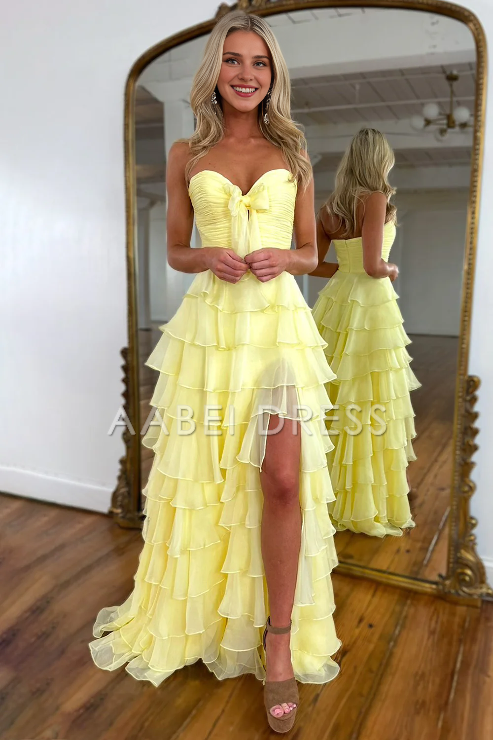 AABEI DRESS Prom Dress Cute A-Line Sweetheart Strapless Tiered Chiffon Side Fork Elegant Formal Dress