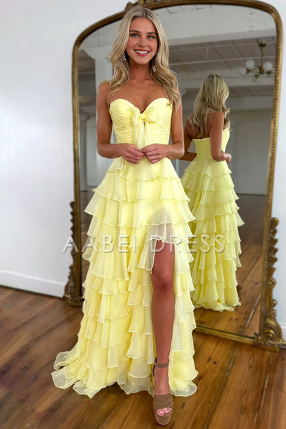 AABEI DRESS Prom Dress Cute A-Line Sweetheart Strapless Tiered Chiffon Side Fork Elegant Formal Dress