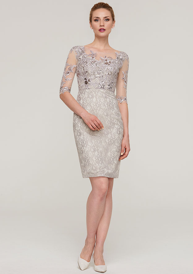 Exquisite Wedding Guest Dresses Sheath/Column Boat Neck Half Sleeve With Sequins Lace Appliqued Knee-Length Bargain Mother of the Bride Dress